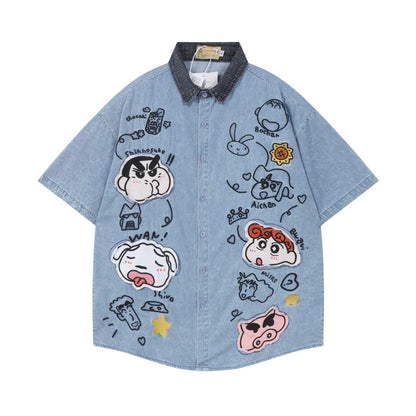Crayon Shin chan Embroidered Short Sleeve Light blue