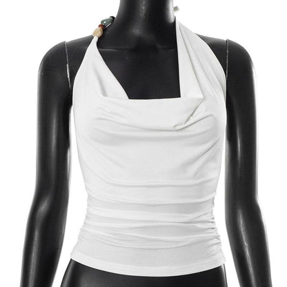 Pure Color Halter Lace-up Vest T-shirt Top White MuddyStock