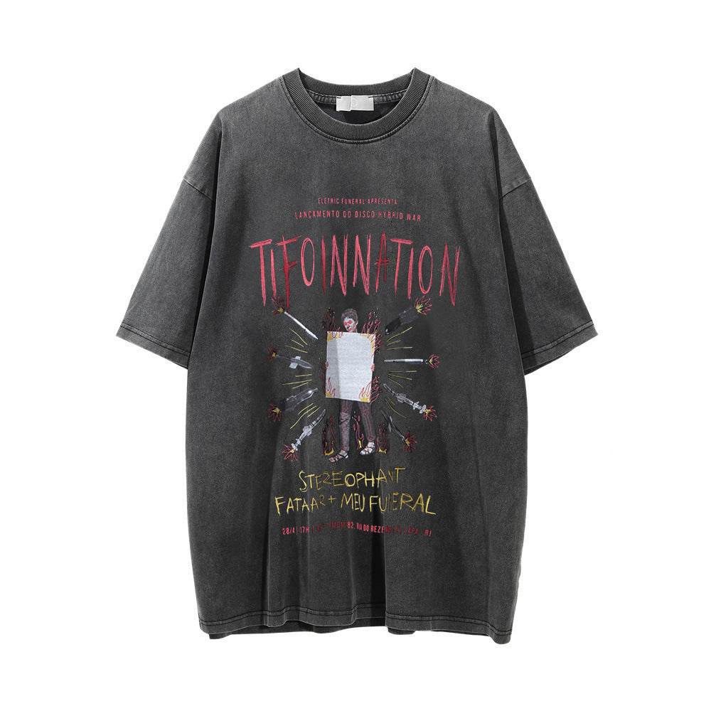 Printed Washed-out T-shirt For Men Retro Black MuddyStock
