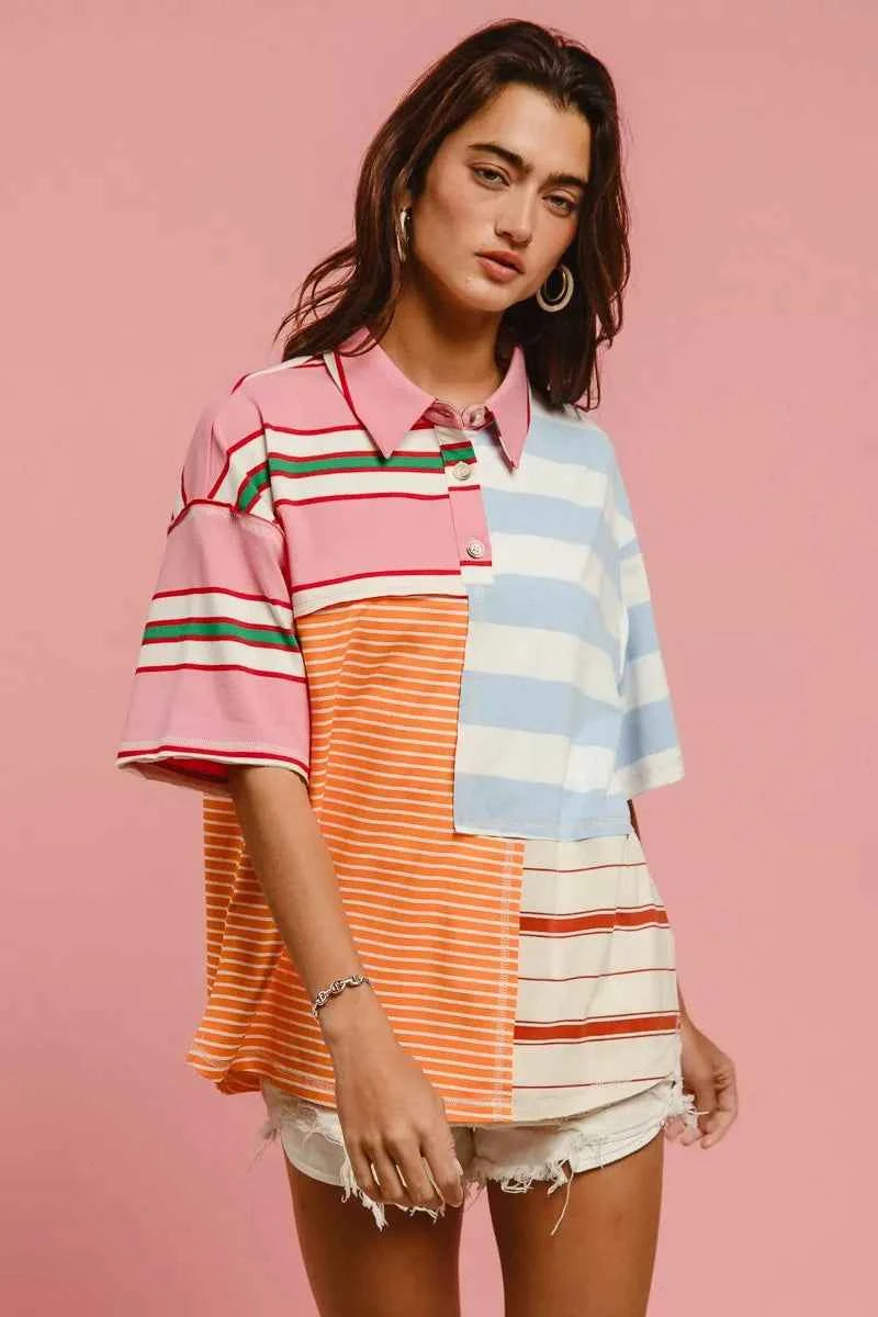 Mix And Match Stripe Color Block T-shirt For Women Trendsi