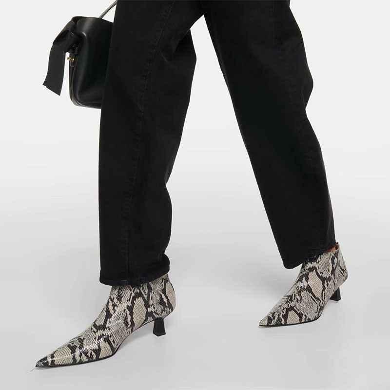 Pointed back zipper thick heeled boots for women