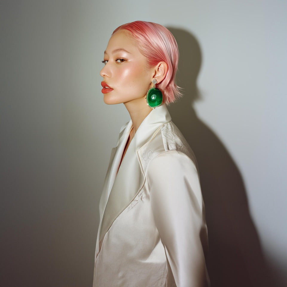 Stylish woman with pink hair wearing white satin blazer and bold green earrings – MuddyStock fashion portrait
