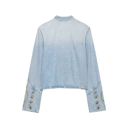 Casual knot button decoration stand collar denim jacket for women | MuddyStock Originals