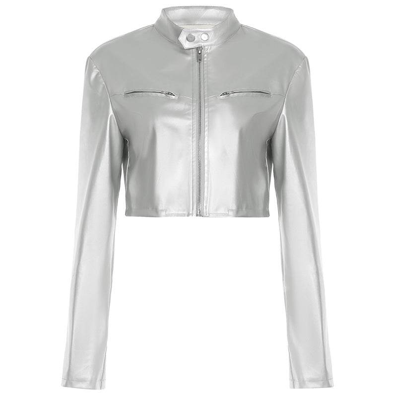 Zipper Short Leather Jacket For Women | MuddyStock Originals Silver MuddyStock