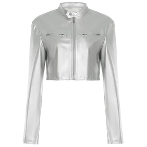 Zipper Short Leather Jacket For Women | MuddyStock Originals Silver