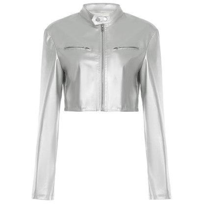 Zipper Short Leather Jacket For Women | MuddyStock Originals Silver MuddyStock