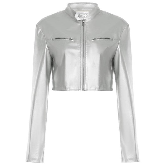 Zipper Short Leather Jacket For Women | MuddyStock Originals Silver MuddyStock