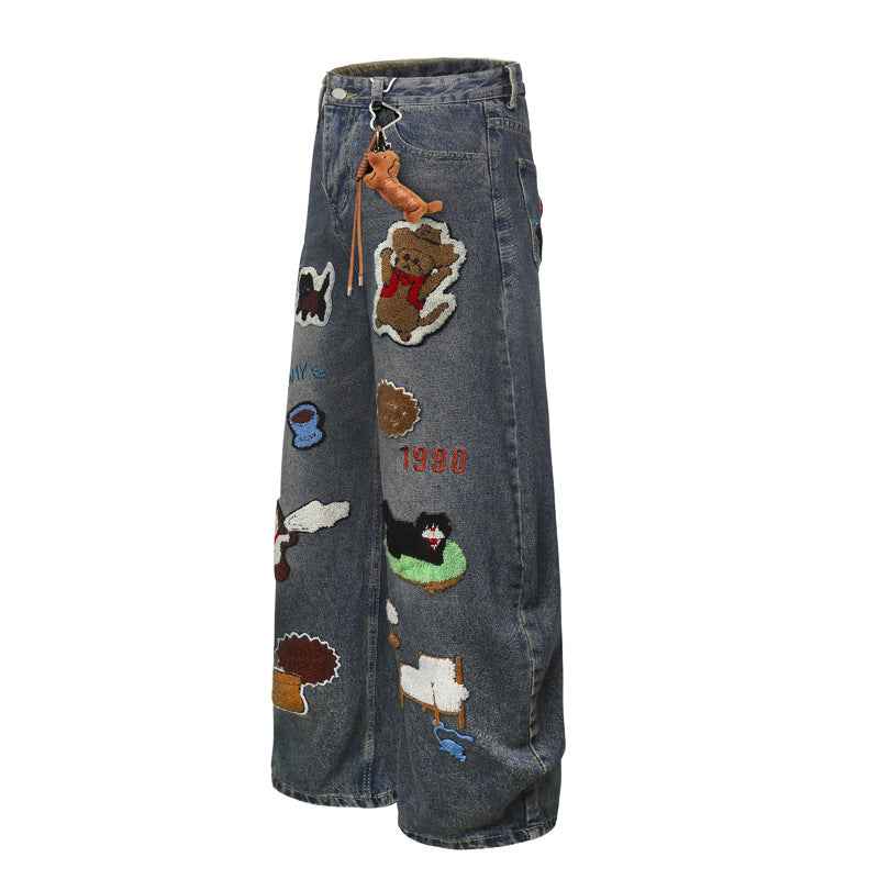 Vintage Cartoon Towel Embroidery Washed Knife-Edge Jeans For Men And Women | MuddyStock Originals MuddyStock
