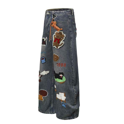 Vintage Cartoon Towel Embroidery Washed Knife-Edge Jeans For Men And Women | MuddyStock Originals MuddyStock