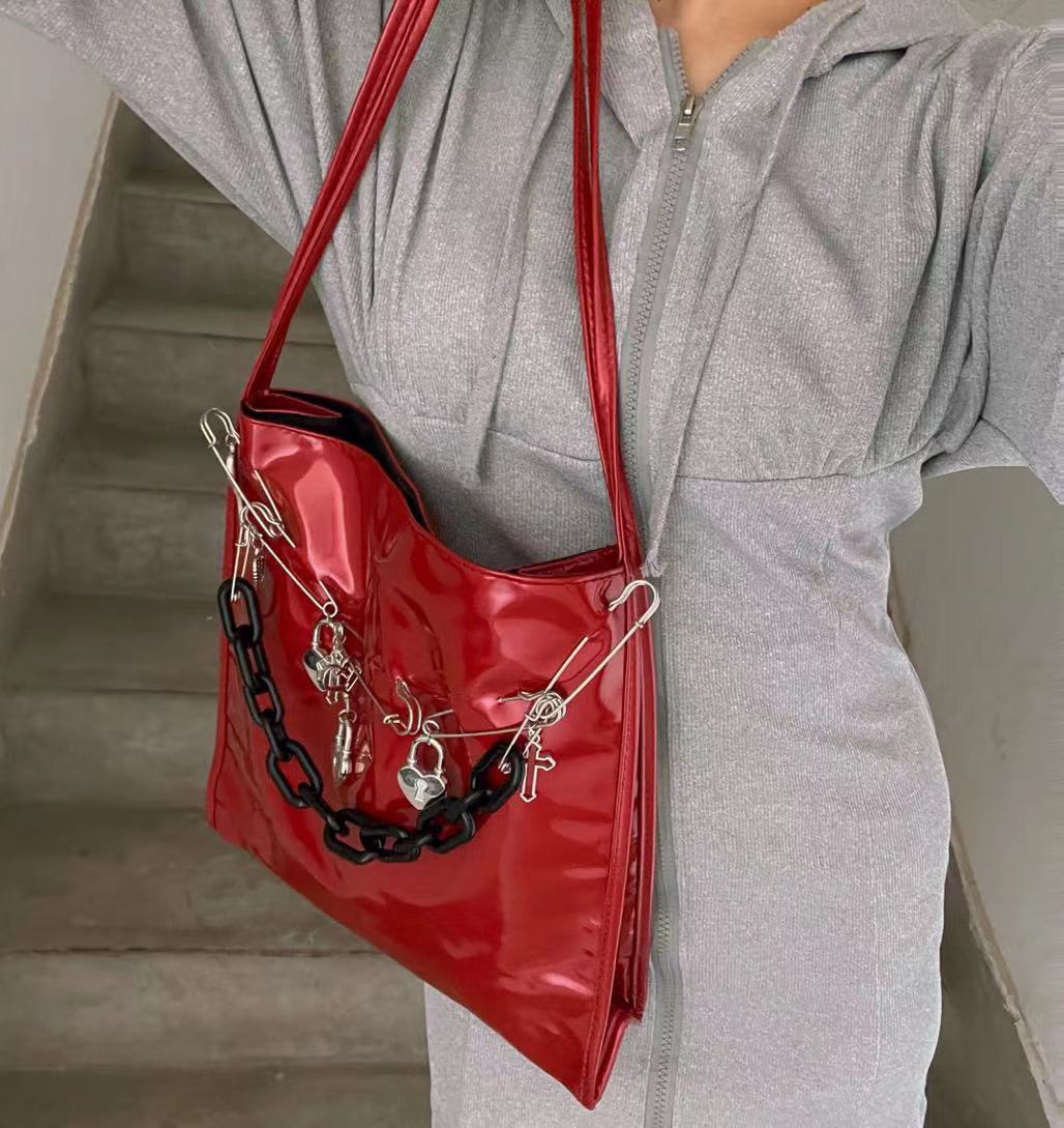 Retro Punk Subculture Y2k Millennium Patent Red Shoulder Bag Red