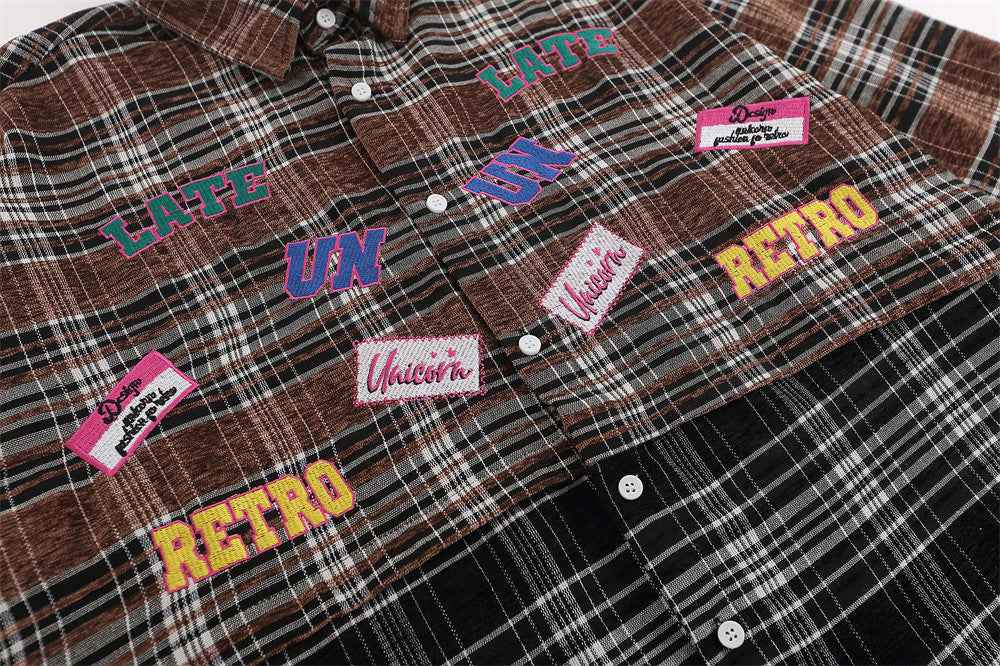 Plaid Women's Stitching Embroidered Letter Long Sleeve Shirt null