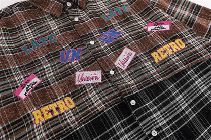 Plaid Women's Stitching Embroidered Letter Long Sleeve Shirt null