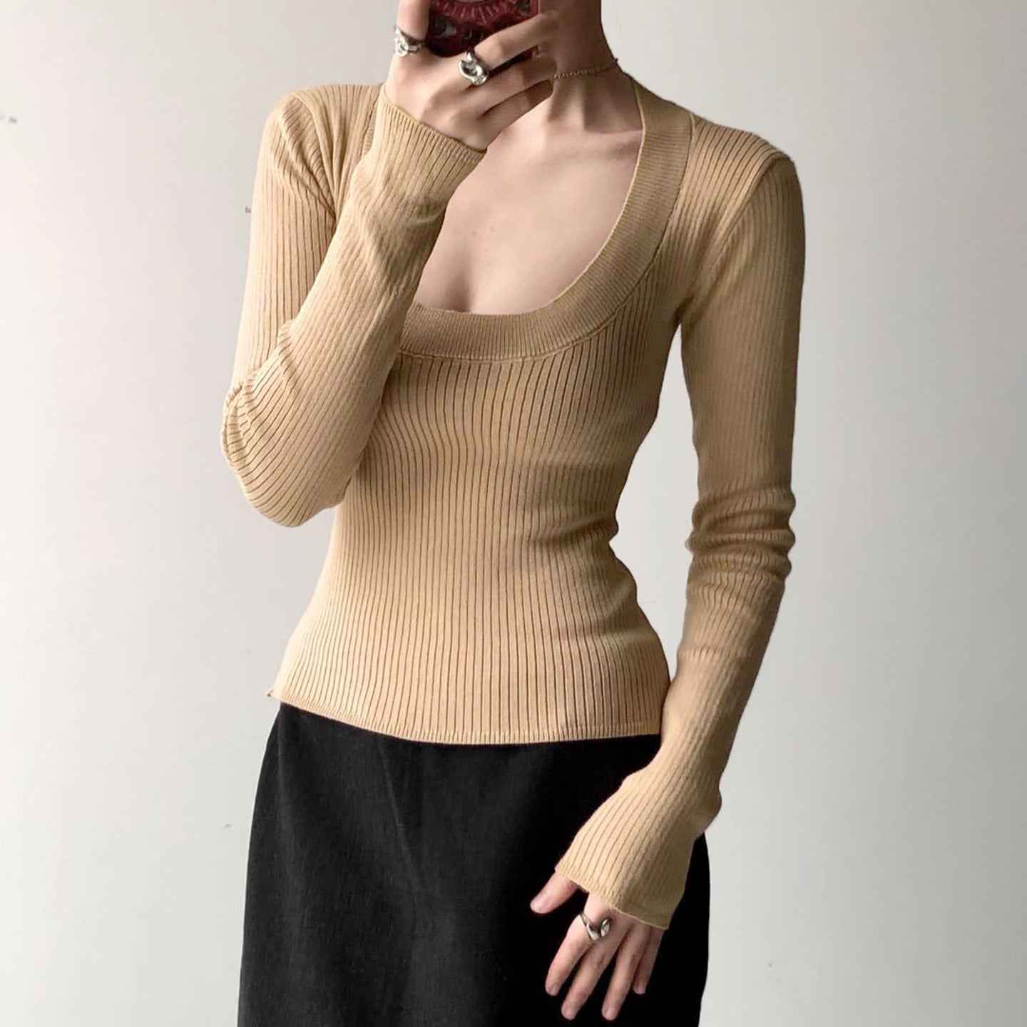 U-Neck Elastic Knit Long Sleeve Top For Women | MuddyStock Originals MuddyStock
