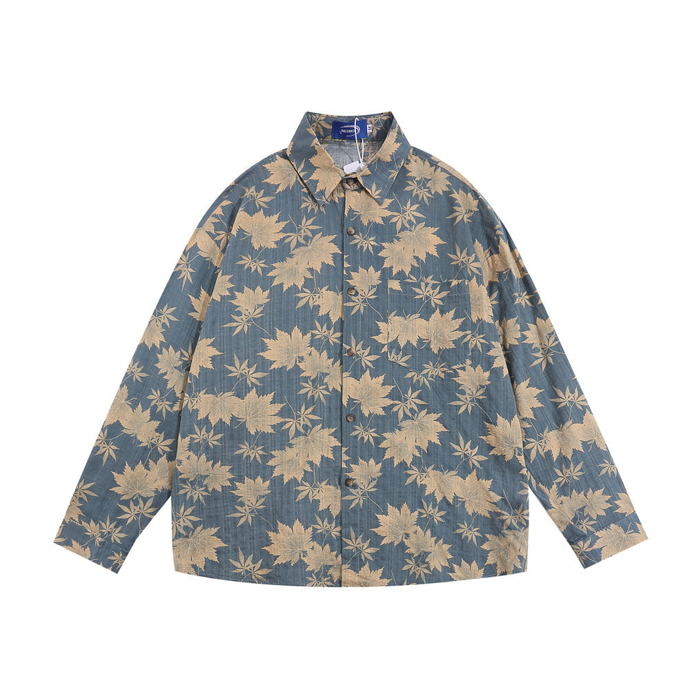 Full Printed Maple Leaf Long Sleeve Shirt Men Spring And Autumn Japanese Style