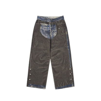 Leather Patchwork Digital Printing Jeans Brand Wide Leg Jeans Picture Color MuddyStock