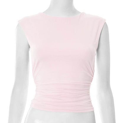 European And American Solid Color Off-neck Backless Slim Fit T-shirt Top Pink MuddyStock