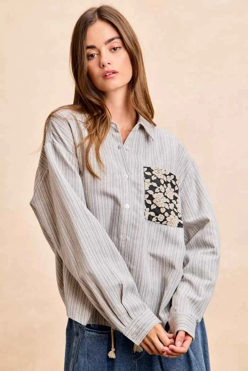 Flower Jacquard Knit Patch Pocket Stripe Shirt For Women Trendsi