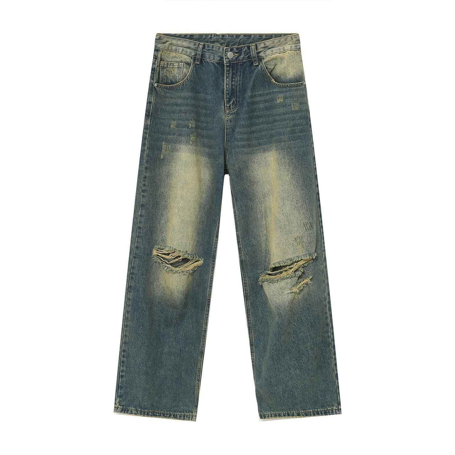 Men's Retro Distressed Rust Earthy Hole Raw Hem Jeans Blue MuddyStock