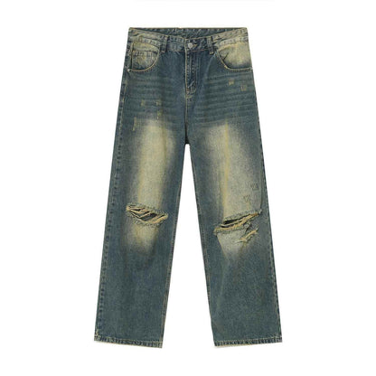 Men's Retro Distressed Rust Earthy Hole Raw Hem Jeans Blue MuddyStock