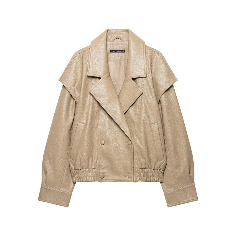 Women's Autumn Retro Lychee-Grain Leather Bomber Jacket Coat Beige All Products