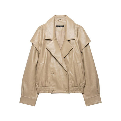 Women's Autumn Retro Lychee-Grain Leather Bomber Jacket Coat Beige All Products