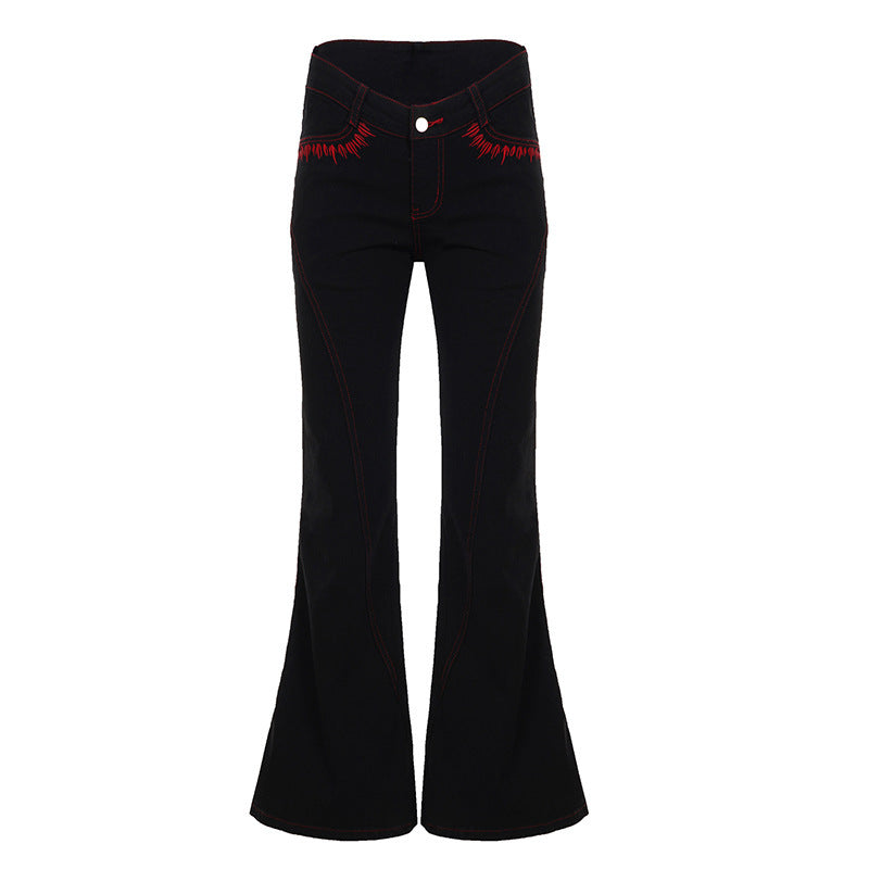 Embroidered bright thread slightly spicy jeans for women Black