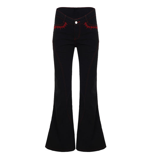 Embroidered bright thread slightly spicy jeans for women Black