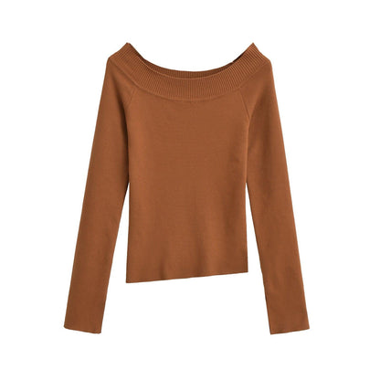 One line off shoulder slanted shoulder elastic slim fit top for women | MuddyStock Originals Brown