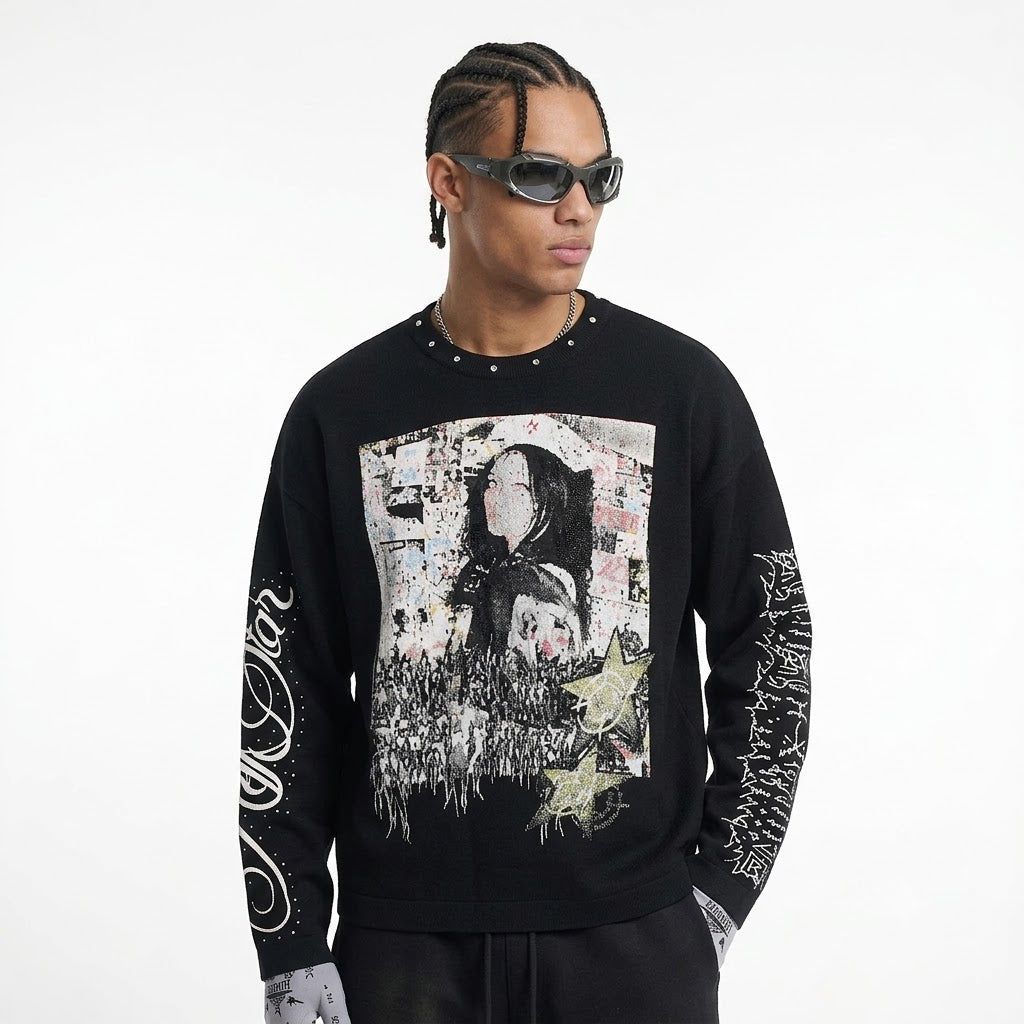 Streetwear Waffle Long Sleeve Studded Collar Graphic Print T-Shirt For Men | MuddyStock Originals