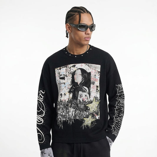 Streetwear Waffle Long Sleeve Studded Collar Graphic Print T-Shirt For Men | MuddyStock Originals