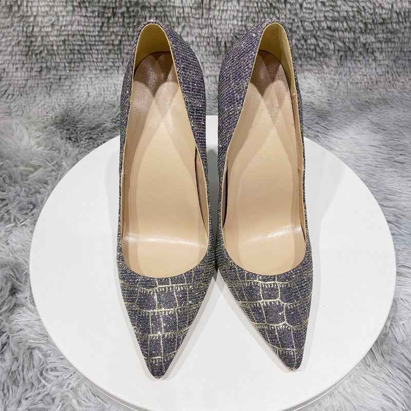 Glitter Embossed Crocodile Effect Women Greem Pointy Toe High Heel 8cm Gray 33