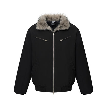 Men's Winter Padded Bomber Jacket with Two-Way Zipper and Faux Fur Collar