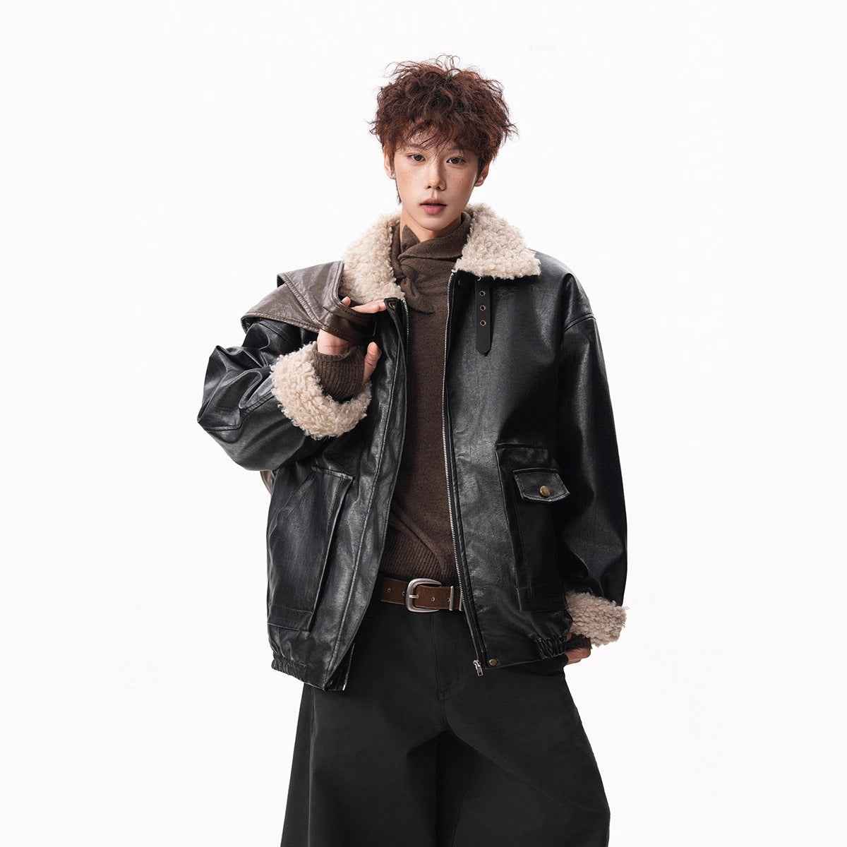 Shearling Motorcycle Jacket with Turn-down Collar For Men | MuddyStock Originals MuddyStock