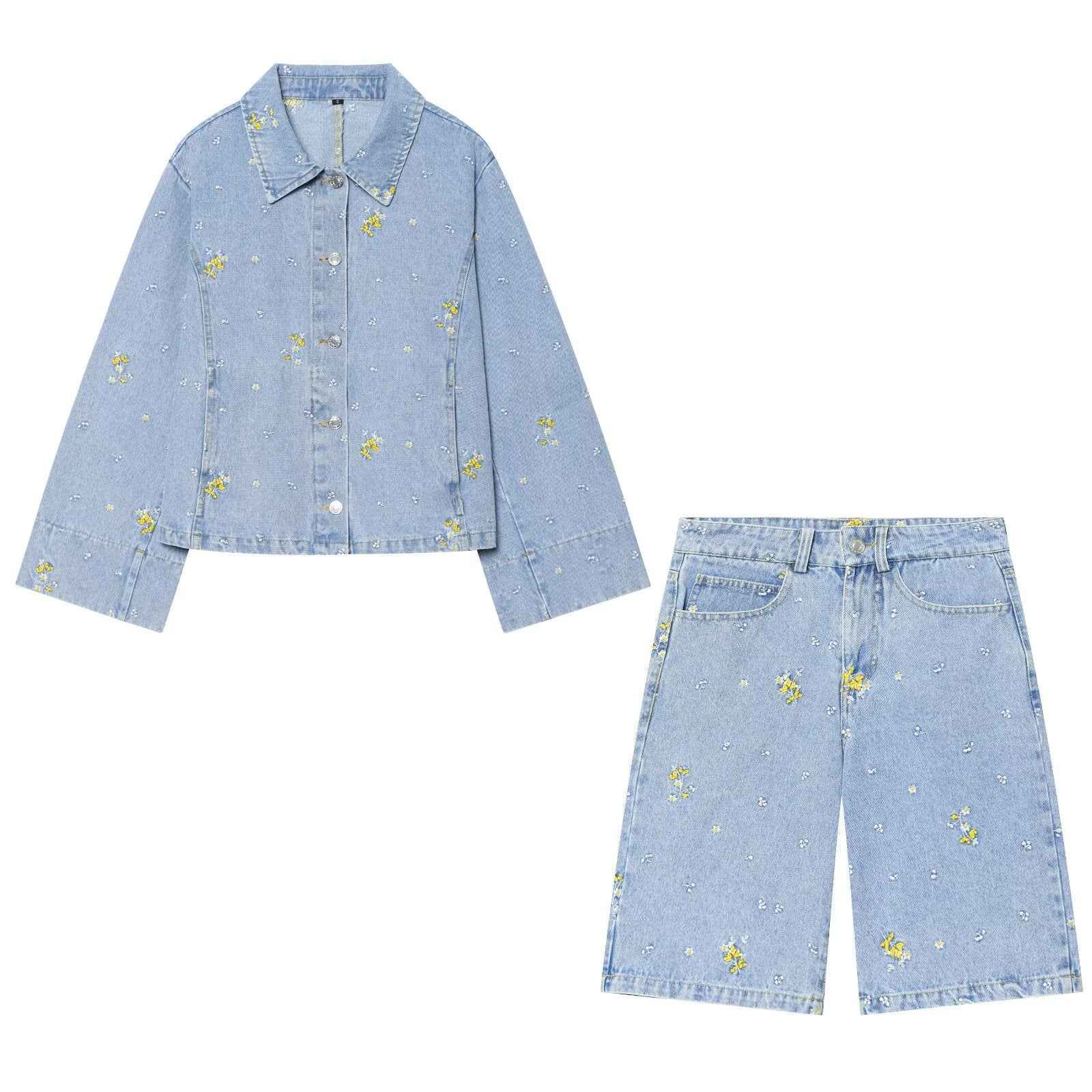 Embroidered denim jacket+denim shorts set for women | MuddyStock Originals Set