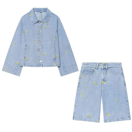 Embroidered denim jacket+denim shorts set for women | MuddyStock Originals Set
