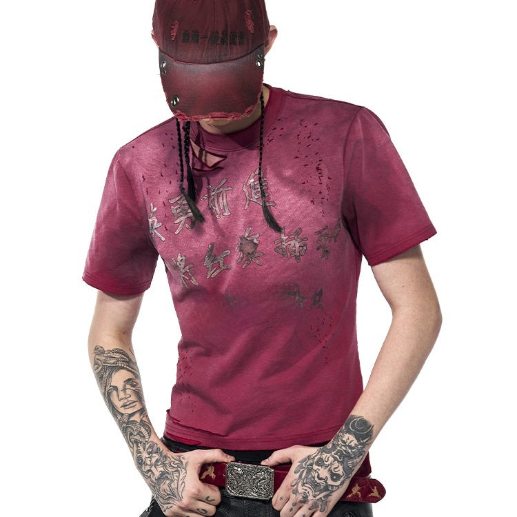 Men's Summer Spray Dirty Washed Distressed Slim-fit Red Short Sleeve T-shirt Red