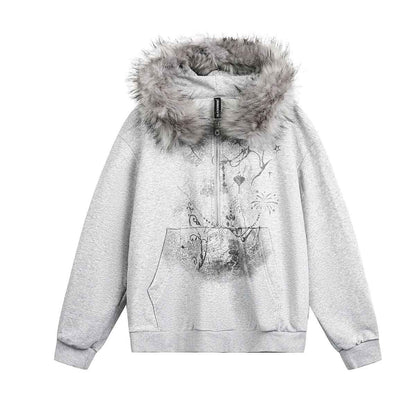 Fur Collar Coat Half-open Collar Stitching Zipper Hoodie For Women Flower Gray MuddyStock