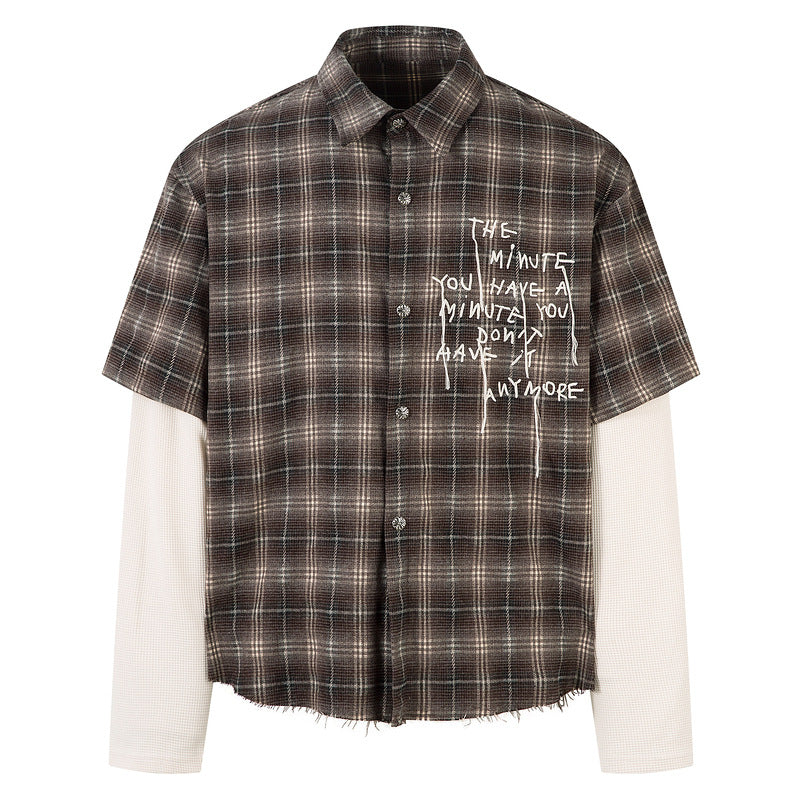 Men's Long-Sleeve American-Style Retro High-Street Tie-Dye Plaid Shirt Brown