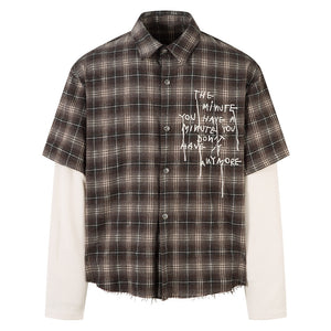 Men's Long-Sleeve American-Style Retro High-Street Tie-Dye Plaid Shirt Brown