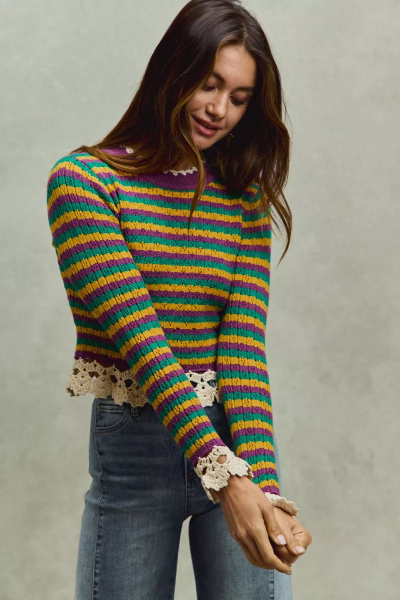 Mardi Gras Striped Cropped Knit Top with Crochet Edge For Women Trendsi