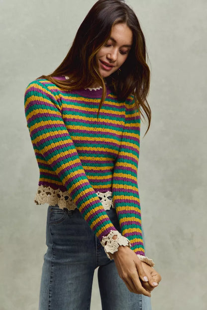 Mardi Gras Striped Cropped Knit Top with Crochet Edge For Women Trendsi