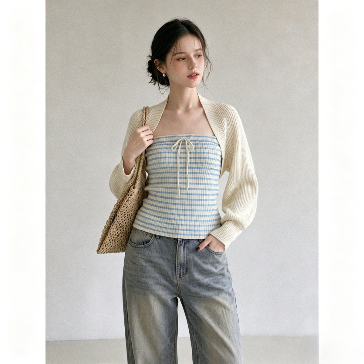 Apricot Knitted Cardigan Jacket with Camisole Set