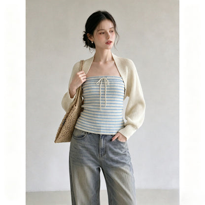 Apricot Knitted Cardigan Jacket with Camisole Set