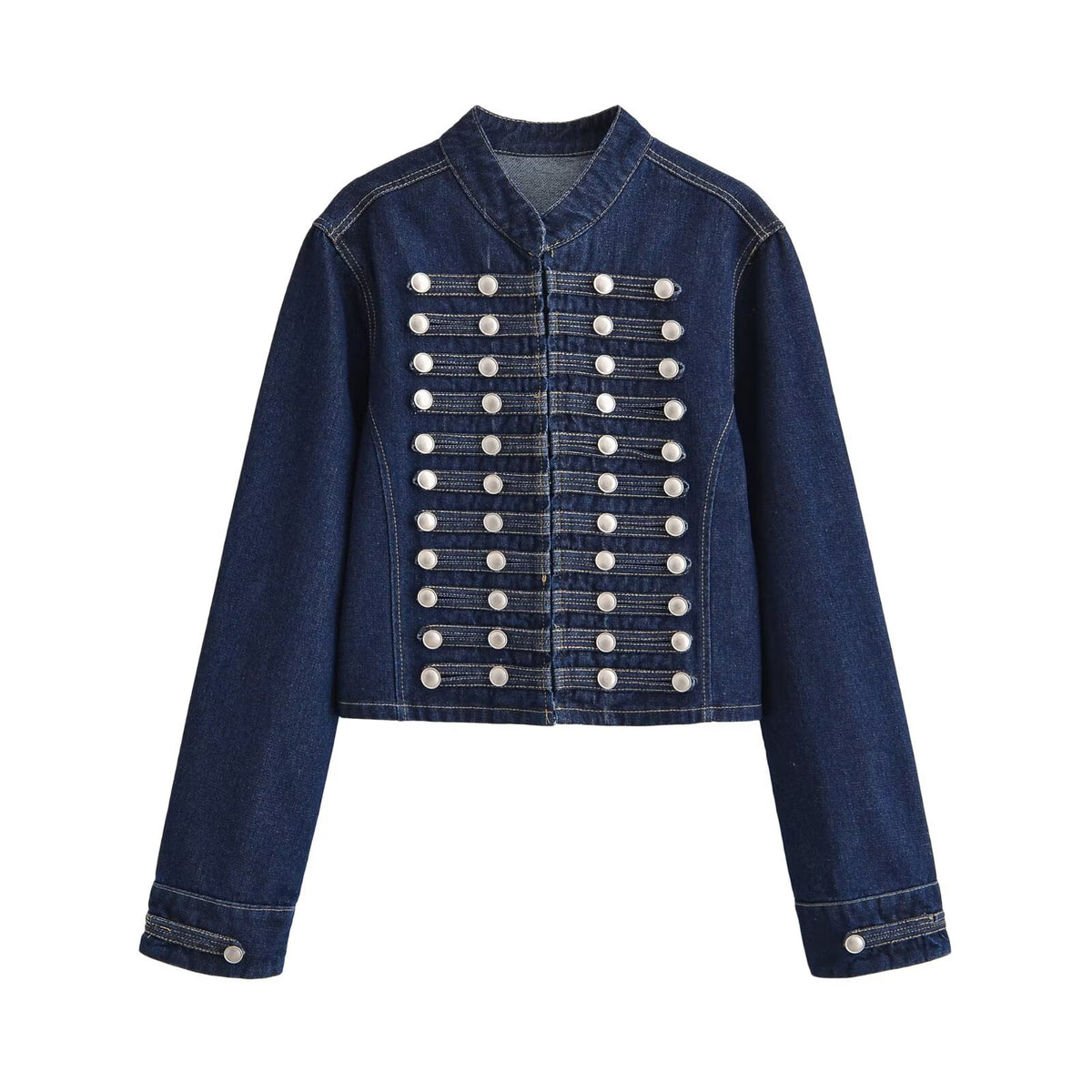 Multi row metal buckle denim jacket+shorts two-piece set for women