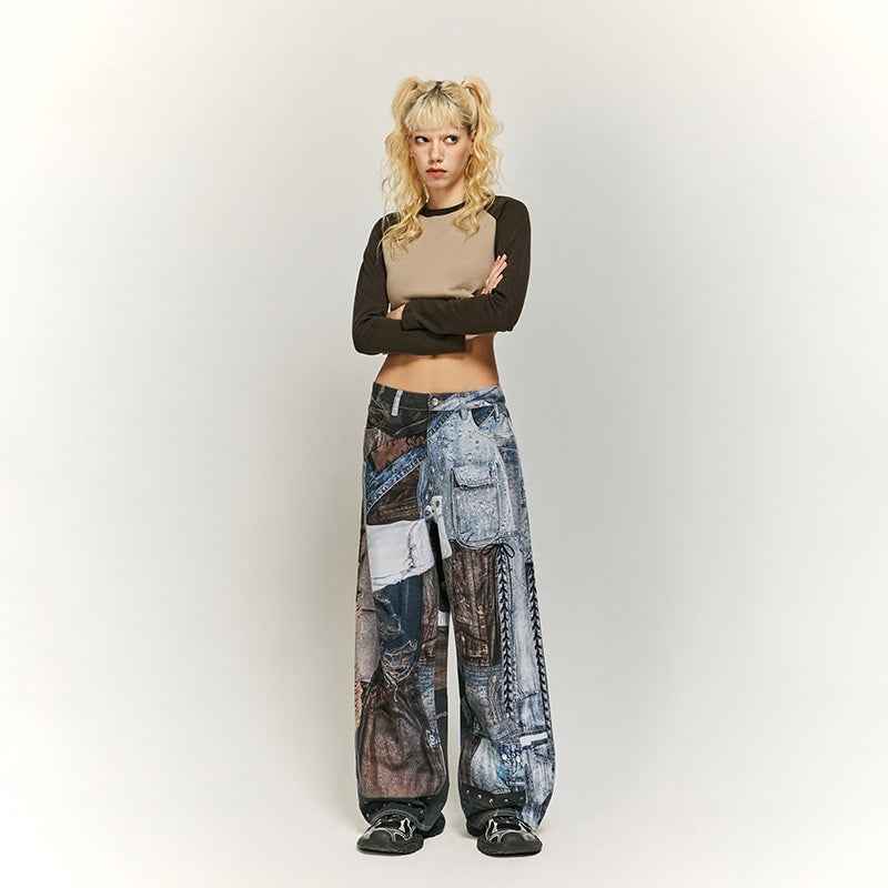 Vintage Patchwork Digital Printing Jeans American Street MuddyStock