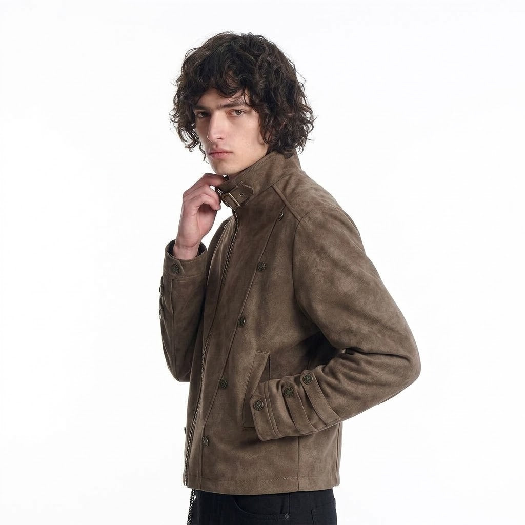 Faux Suede Metal Button Stand Collar Cropped Motorcycle Jacket for Men | MuddyStock Originals