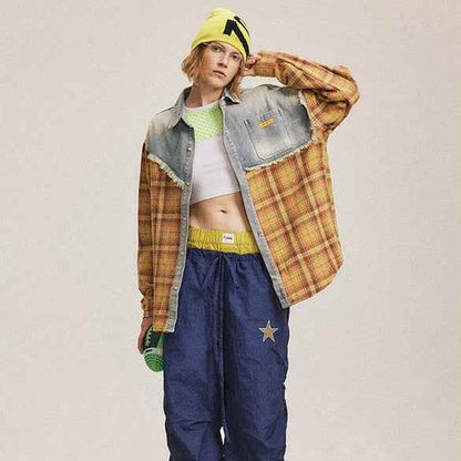 American Retro Loose Stitching Plaid Long Sleeve Shirt For Women null