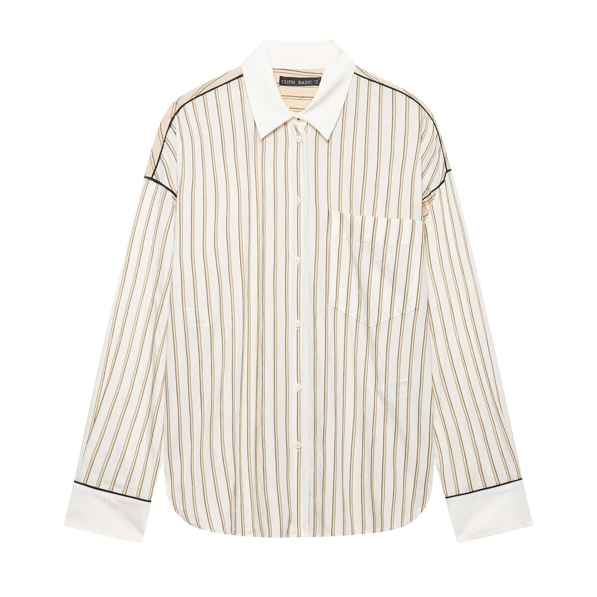 Color blocking lapel striped shirt+pants set