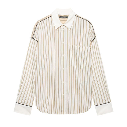 Color blocking lapel striped shirt+pants set