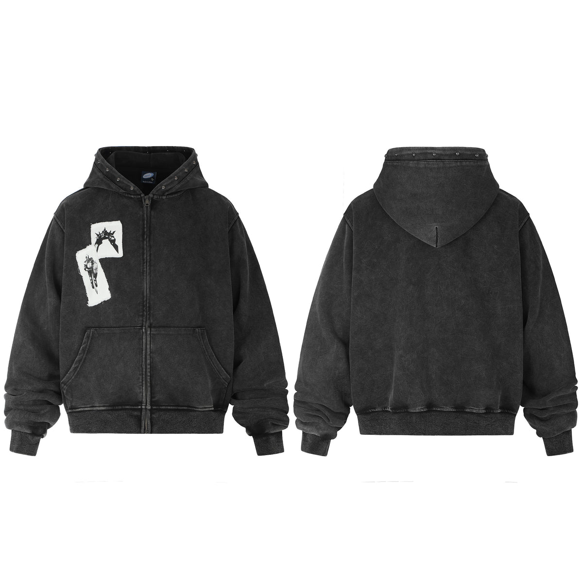 Distressed Washed Studs Patch Zipper Hoodie for Men | MuddyStock Originals